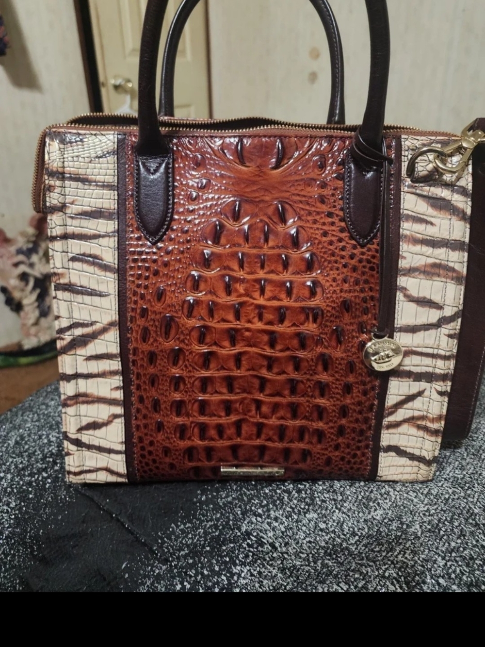Brahmin Brown & Cream Croc-Embossed Structured Tote